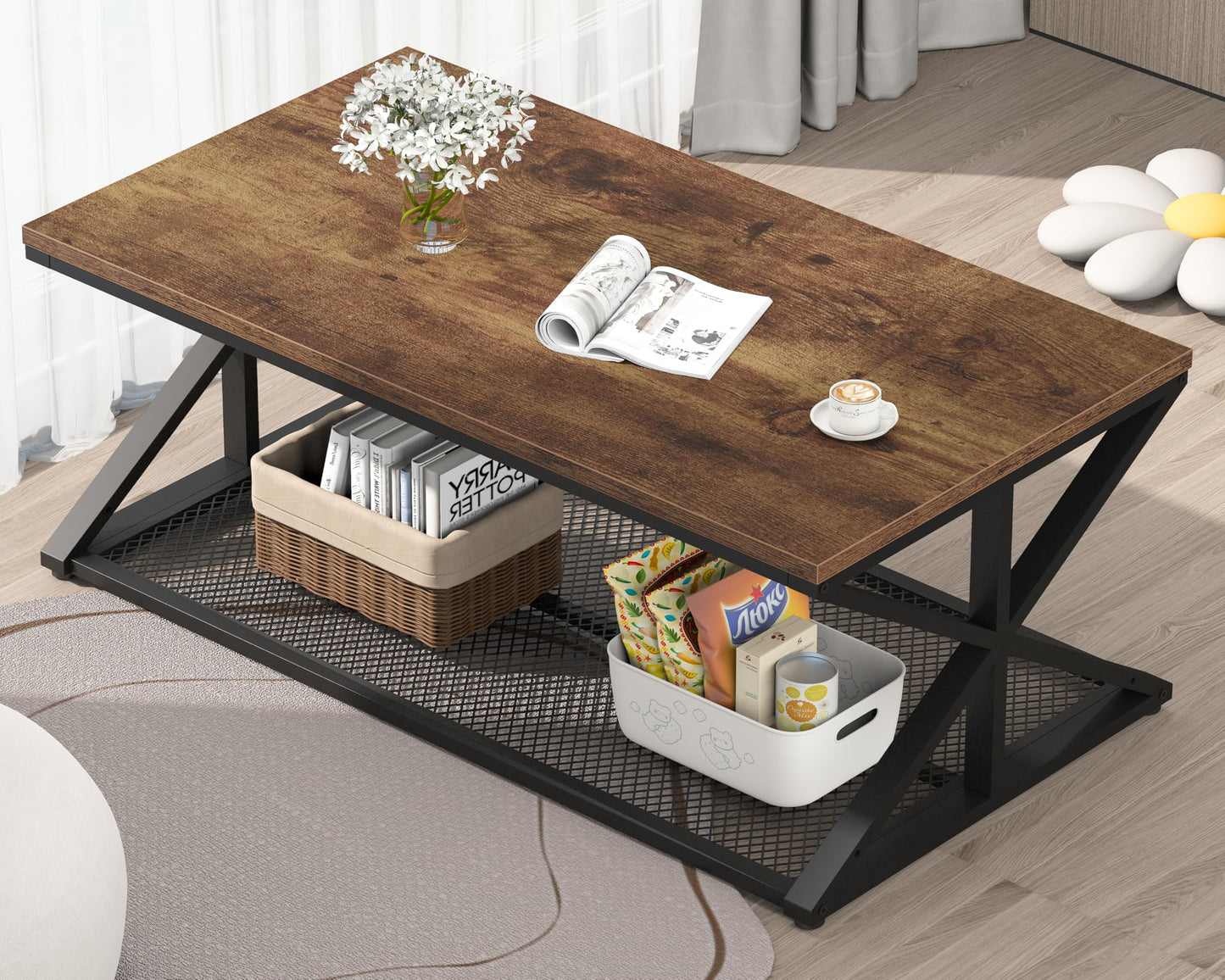 Rustic Brown Industrial Coffee Table – Wood and Metal Living Room Table with Mesh Shelf, 120 cm