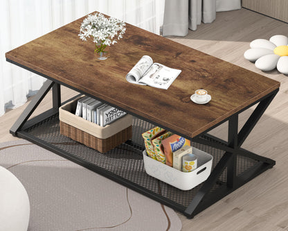 Rustic Brown Industrial Coffee Table – Wood and Metal Living Room Table with Mesh Shelf, 120 cm